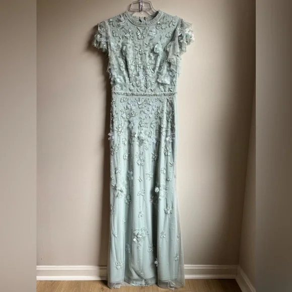 Mac Duggal Women’s Floral Embellished Flutter Sleeve Gown Size 2 Light Mint - Picture 5 of 9